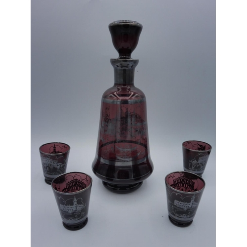 407 - Venetian Amethyst Decanter with Four Cordials Displaying Gondoliers on Venice Waterway