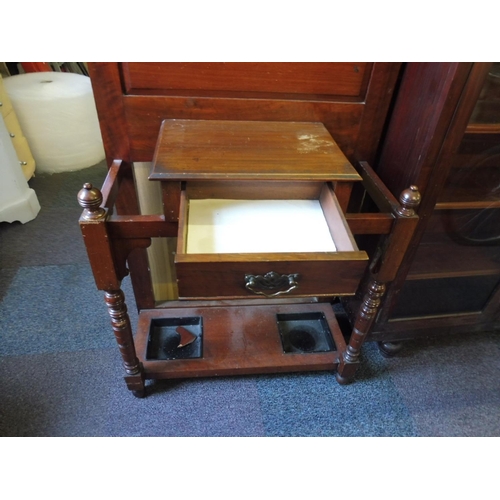 444 - A Oak Hall Stand With 6 Coat Hooks and Bevelled Mirror  complete with Original Brolly / Stick Trays