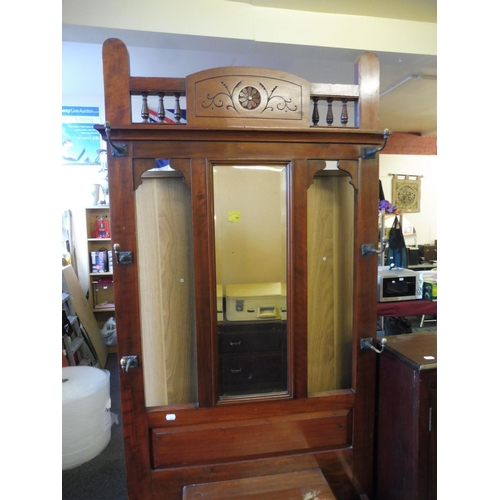 444 - A Oak Hall Stand With 6 Coat Hooks and Bevelled Mirror  complete with Original Brolly / Stick Trays