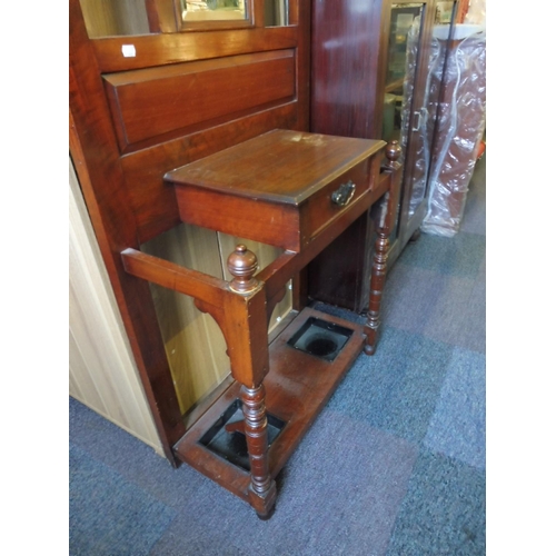 444 - A Oak Hall Stand With 6 Coat Hooks and Bevelled Mirror  complete with Original Brolly / Stick Trays