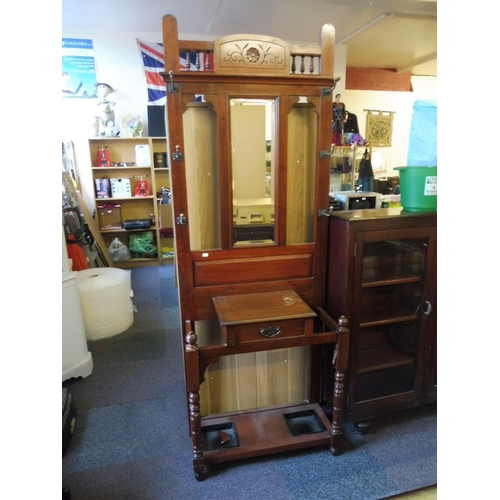 444 - A Oak Hall Stand With 6 Coat Hooks and Bevelled Mirror  complete with Original Brolly / Stick Trays