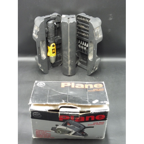 472 - Boxed 500w power plane and cordless screw driver in case with bits