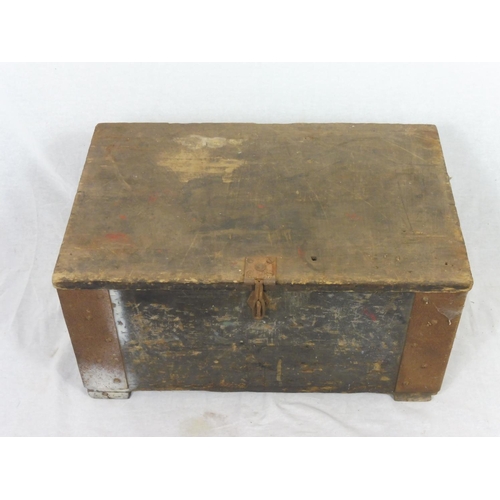 493 - Antique Wooden Chest with Iron Handles and Clasp complete with Contents including Gauges, Set Square... 