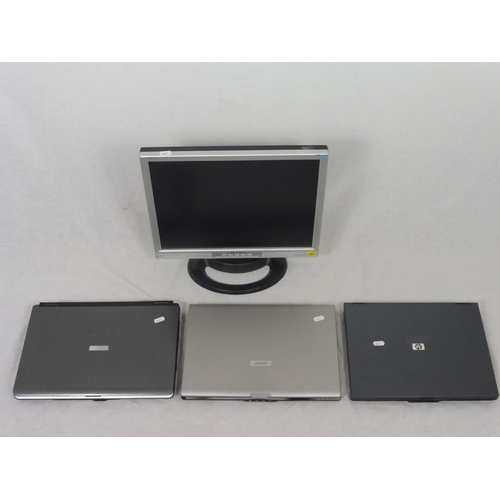 505 - Three laptops and Hanns-G monitor to include HP (spares or Repairs)