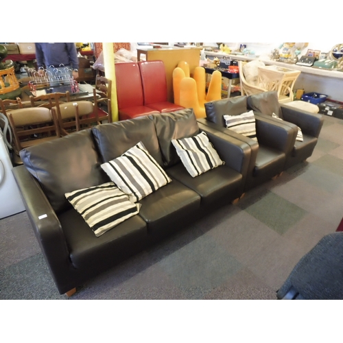 587 - Contemporary 3 Piece Brown Faux Leather Sofa Set (3 Seat Sofa 170cm) and 2 Matching Chairs