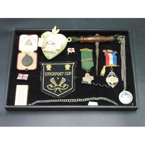 126 - Collectors Tray including Medal's, Cork Screw, Patch Badge, and More