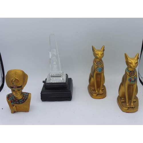 62 - An Egyptian Pharoe Flanked by Two Egyptian Cats with a Light up Colour Changing Laser etched Obilisk