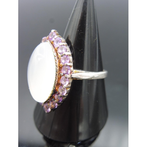 58 - Silver 925 Ring with Large Opal Stone and Amethyst Mount