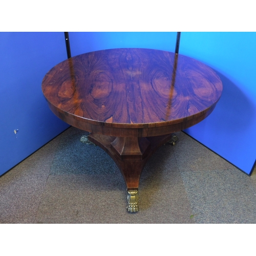 109 - Round English Regency Rosewood Table, 1810s complete with Brass Lions Claw Feet and Castors (42