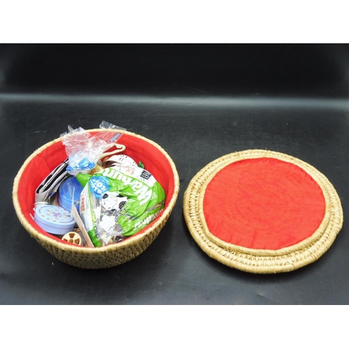 126 - Mixed Woven Basket with Lid includes Sewing Spools, Mixed Bag of Buttons, and other