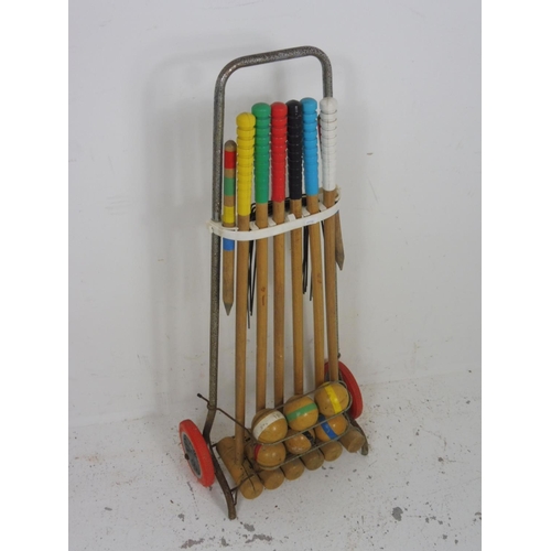 190 - Vintage Wooden Garden Croquet Set with Trolley