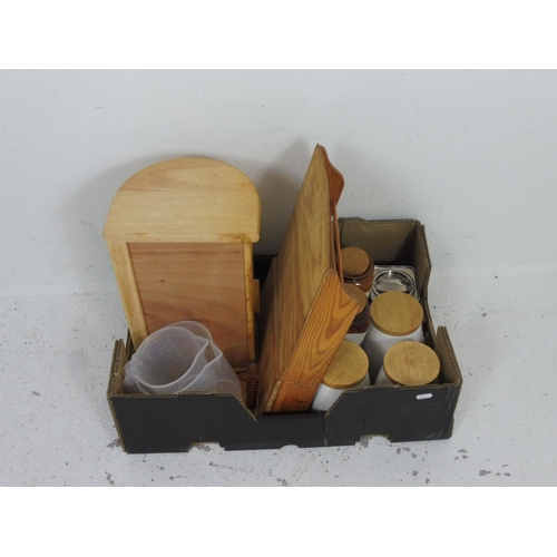 222 - Mixed Box includes Tea,Coffee, Sugar Storage Jars and Tins, Spice Rack, Wooden Bread Bin and other