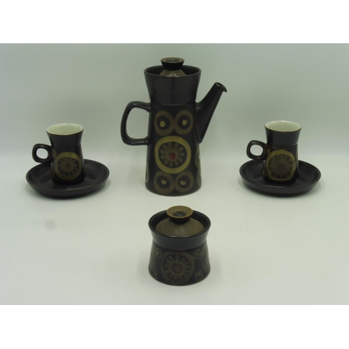 94 - Denby Arabesque Coffee Pot, Sugar Bowl with Cups and Saucers