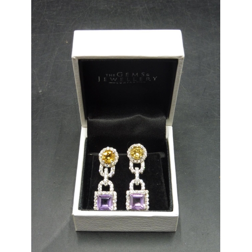 356 - Pair of Silver 925 Citrine and Amethyst Stoned Earrings complete with presentation box