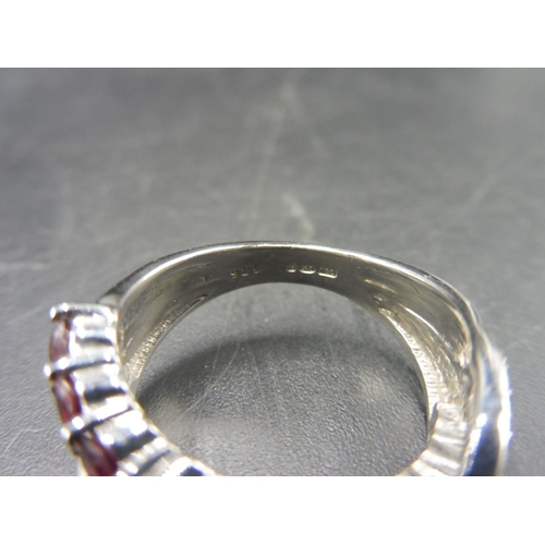 367 - Hallmarked Birmingham Silver 925 Dual Band Ring with Red and Clear Stones (Size M) complete with pre... 