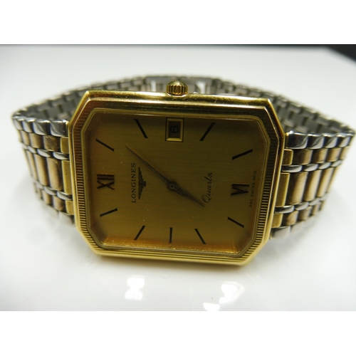 372 - Longines Gentlemens Quartz Dress Watch with Gold Face and two tone Bracelet (Please See Pictures)