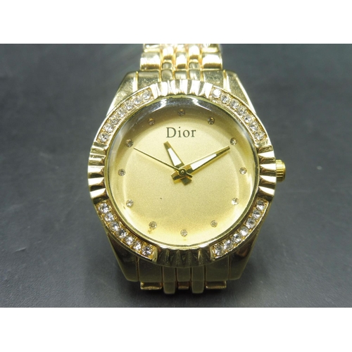 405 - Dior Watch with Jewelled Bezel and Gold Tone Strap (Unauthenticated) Working When tested