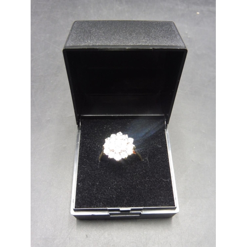 412 - Hallmarked Birmingham 375 Gold Cluster Ring (Size O) Complete with Presentation Box