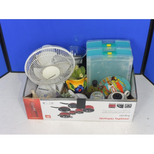 651 - Mixed Box includes Desk Fan, File Trays, Glass Vase, Ceramic, Tea Pot and other