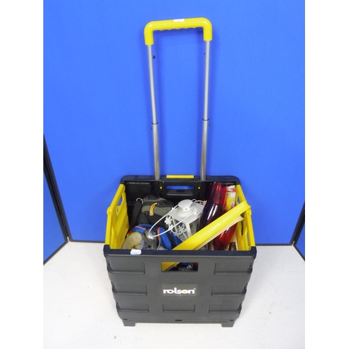 654 - A Rolson Pull Along Cart / Trolley with House Clearance contents incl Tools, CD Player, incense stic... 