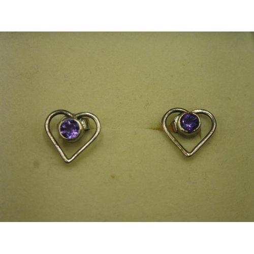 387 - Pair of Silver 925 Love heart with Amethyst Stone Earrings in presentation box