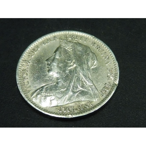 480 - Victoria Veil Head 1896 Silver Three Pence Coin