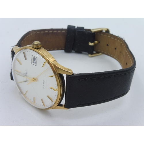 482 - Hallmarked Birmingham 375 Gold Gerrard of London Gents Wrist Watch with Black Leather Strap ( Engrav... 