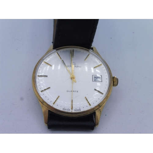 482 - Hallmarked Birmingham 375 Gold Gerrard of London Gents Wrist Watch with Black Leather Strap ( Engrav... 