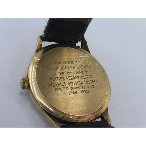 482 - Hallmarked Birmingham 375 Gold Gerrard of London Gents Wrist Watch with Black Leather Strap ( Engrav... 