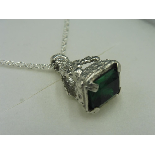 494 - Silver 925 Green Stoned Fob Pendant and Chain Complete with Presentation Box