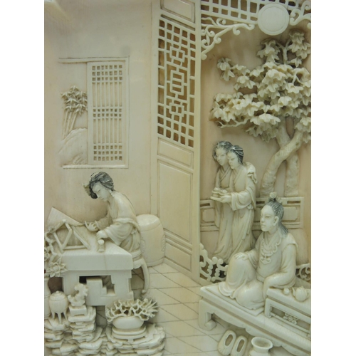 11 - A Decorative Chinese Ivory Plaque on Stand. Intricate Carving Extremely High Quality (Approx 8