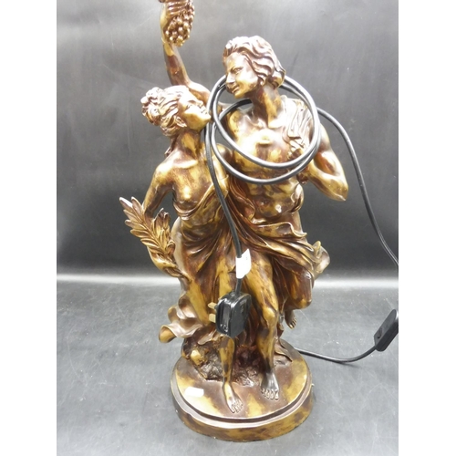 52 - Bronzed Resin Effect Lamp with Amber rimmed Glass Shade approx 29