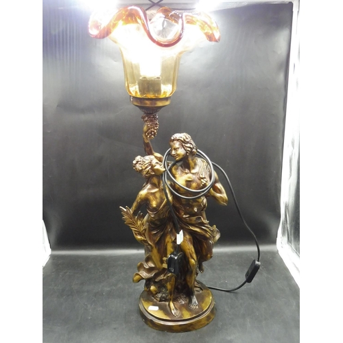 52 - Bronzed Resin Effect Lamp with Amber rimmed Glass Shade approx 29