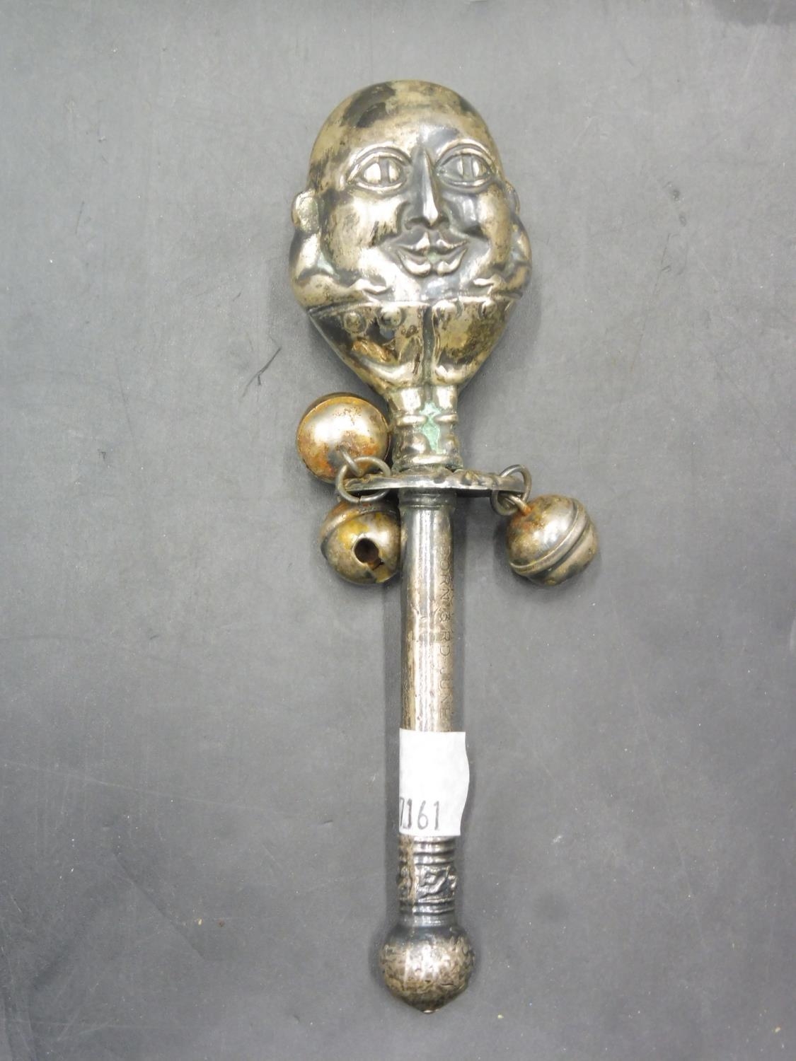 A silver Plated Baby's rattle, as Humpty Dumpty, inscribed