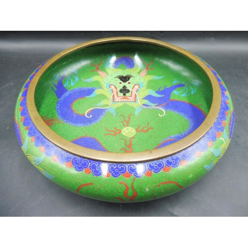 95 - Large Chinese cloisonne enamel bowl with dragon head interior design and four character mark to base... 