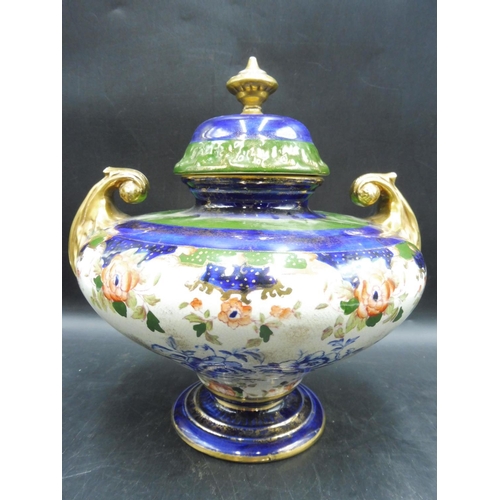 114 - Antique Hand painted Lidded Urn with Gilt Scroll Handles (10