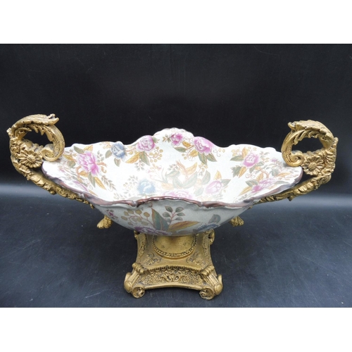 159 - Antique Hand Painted Floral Dish Mounted Gilt Base with Scroll Handles (14