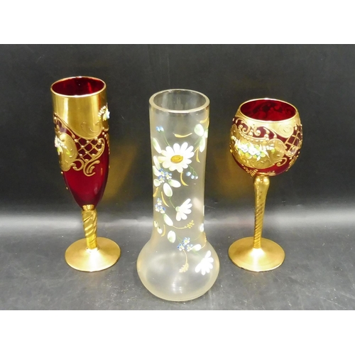 160 - Vintage Silver Plate and Glass Candle Holder, Red Glass and Gilt Glasses and Floral Vase