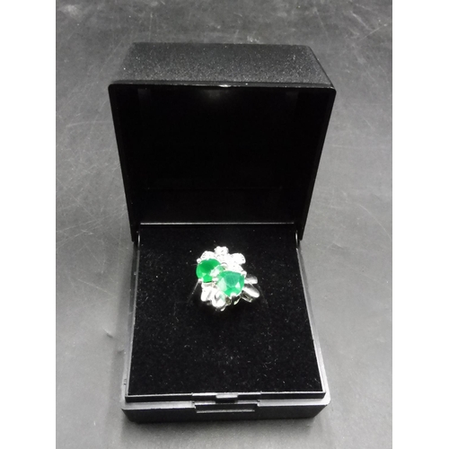 398 - Silver 925 Green Stoned Floral Ring (Size L) Complete with Presentation Box