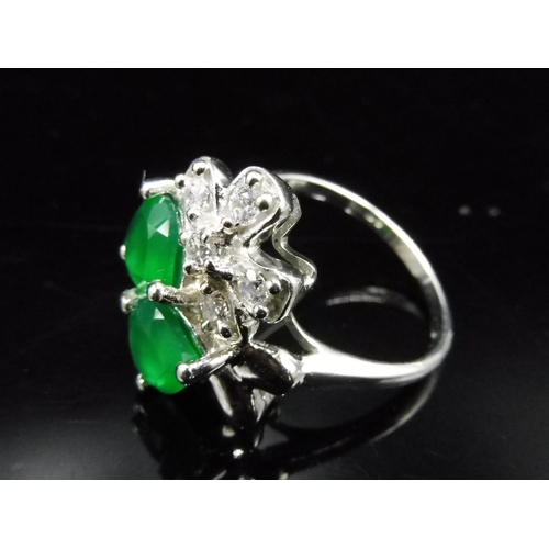 398 - Silver 925 Green Stoned Floral Ring (Size L) Complete with Presentation Box