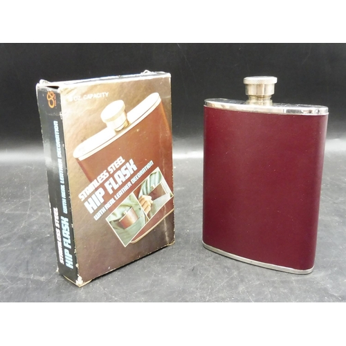 589 - Hip Flask with Leather Decoration in Original Box together 6 Egg Cups and Tray