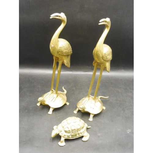 15 - Three Brass Ornaments to include Herons riding Turtles and Tortoise trinket box