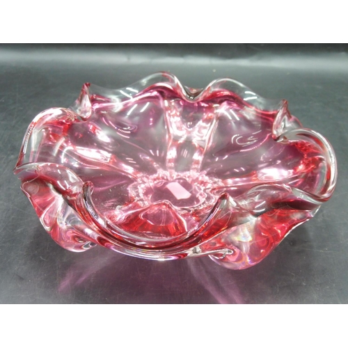 423 - Cranberry Glass Bowl with Fluted Rim and Clear Stem (8