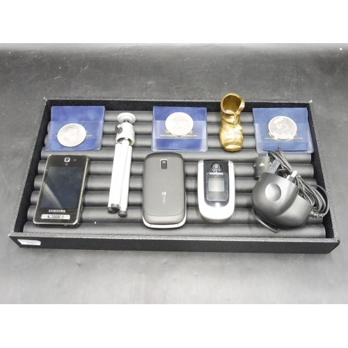 591 - Mixed tray Including £5 Crown, Mobile Phones, Brass Match Holder and More