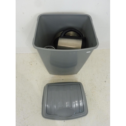 617 - Plastic Swing Bin Complete with Contents including Toaster, kettle, Wall Clock and More