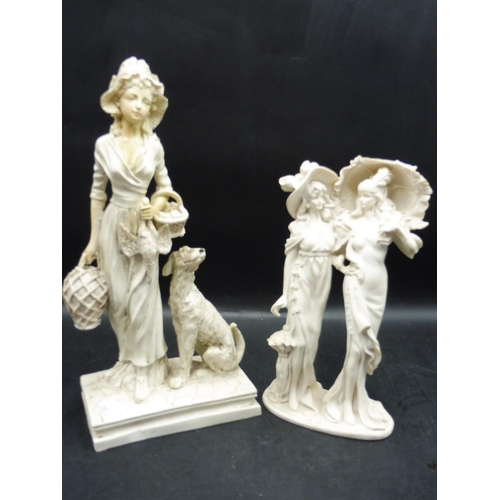 683 - Two White Resin Figures Depicting Ladies and Dog