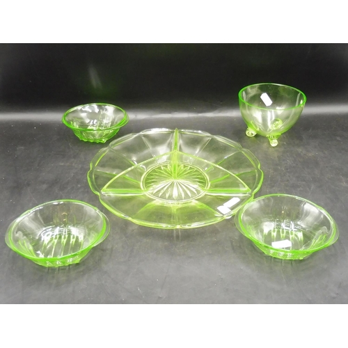 50 - Five Pieces of Uranium Glass to include Three footed bowl