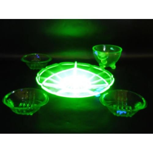 50 - Five Pieces of Uranium Glass to include Three footed bowl