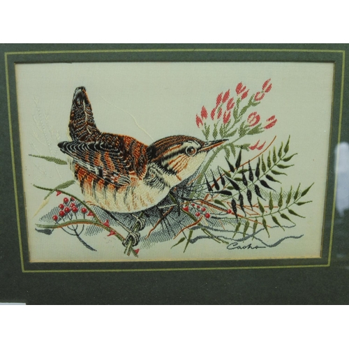 13 - Four Wall Hanging Framed and Glazed Woven Silk Birds of Britain Pictures Nuthatch, Wren, Blackbird a... 