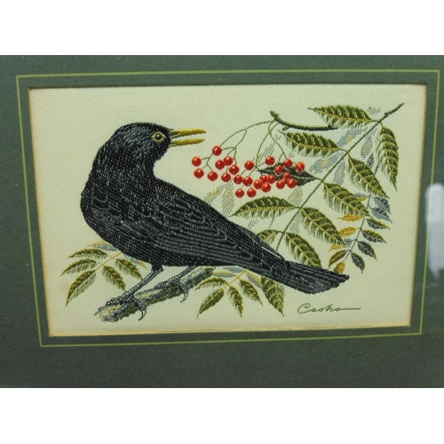 13 - Four Wall Hanging Framed and Glazed Woven Silk Birds of Britain Pictures Nuthatch, Wren, Blackbird a... 